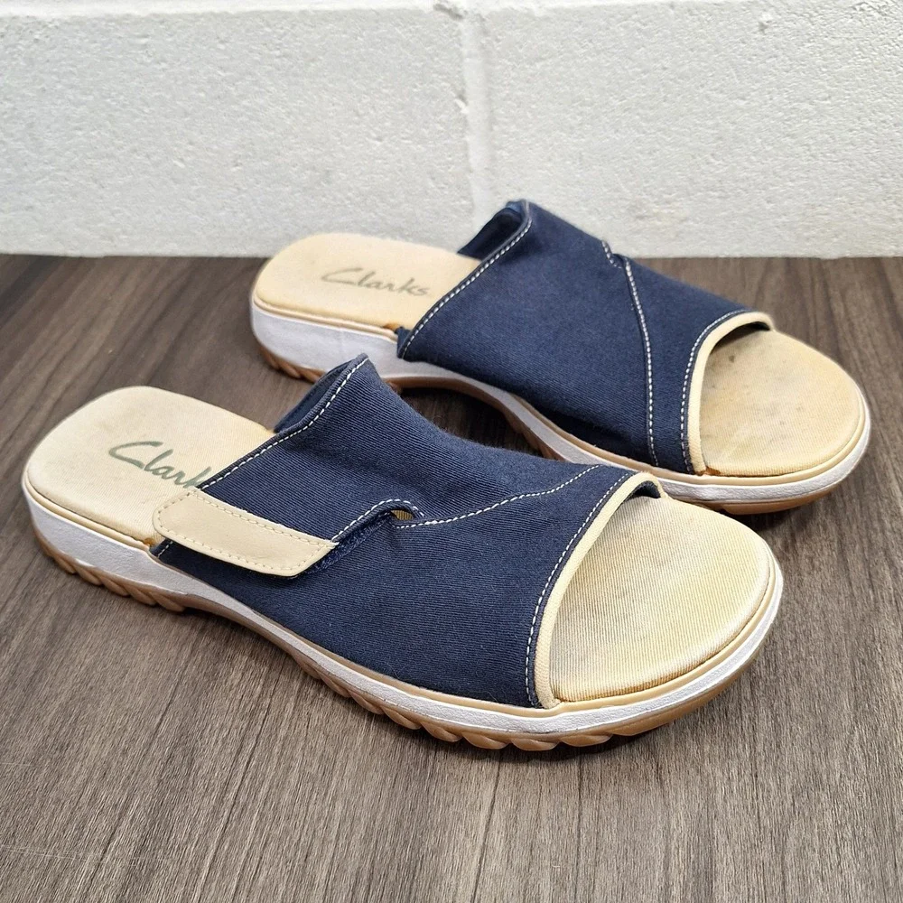 Clarks Sunbeat Navy Blue Canvas Slide Sandals Womens Size 8 M 36104 Adjustable - Picture 2 of 7
